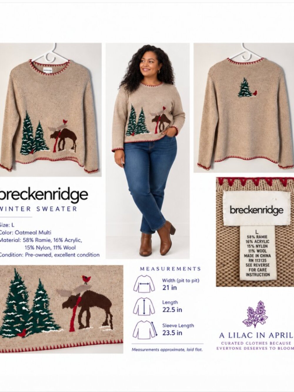 Breckenridge Oatmeal Multi Moose & Pine Tree Winter Sweater